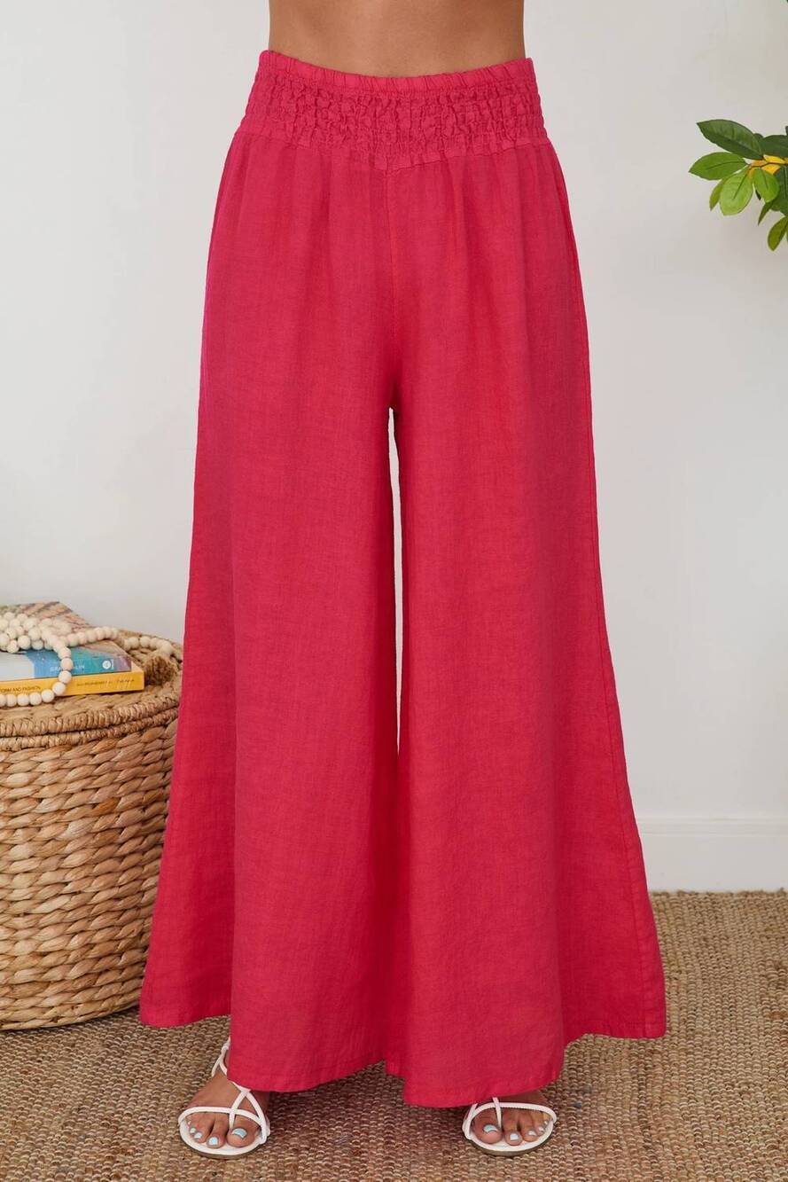 NEW MILIO MILANO linen smocked waist palazzo pants in raspberry